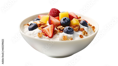 Fototapeta Naklejka Na Ścianę i Meble -  Isolated image of a bowl with granola, yogurt, fruits and berries. For covers, banners, collages and other projectsabout healthy lifestyle.