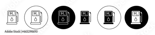 Hydrogen fuel pump icon set in black filled and outlined style. Car h2 green gas station vector symbol for ui designs. photo