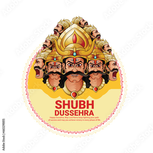 creative vector illustration of hand lettring dussehra text with Ravana head and abstract background.
