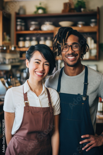 Grocery store owners and partners. Mixed race couple portrait at work