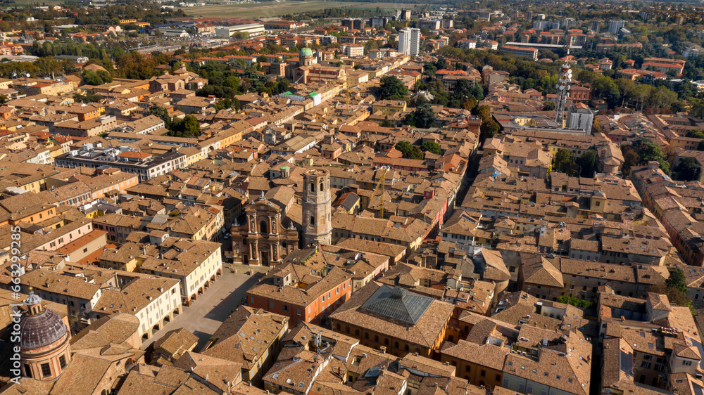 Aerial view of the Basilica of San Prospero, patron saint of the city, in the historic center of Reggio Emilia, Italy.