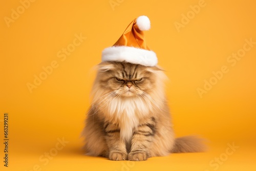 Cute funny orange persian cat in Santa Claus orange hat isolated on bright yellow clear background. Serious and angry pet. Happy New Year and Christmas concept photo