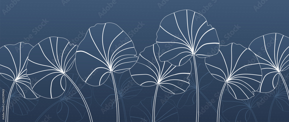 Luxurious dark tropical botanical background. Tropical leaves with white lines on a blue background, with art design for walls, greeting card, wallpaper and print. vector illustration. - obrazy, fototapety, plakaty 