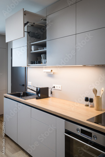 Detail of kitchen interior in small urban apartment