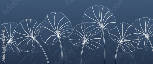 Luxurious dark tropical botanical background. Tropical leaves with white lines on a blue background, with art design for walls, greeting card, wallpaper and print. vector illustration.