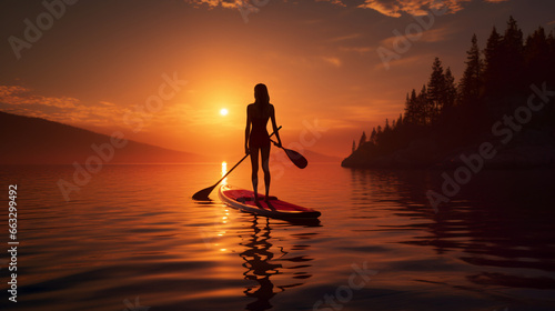 Woman sup board sunset