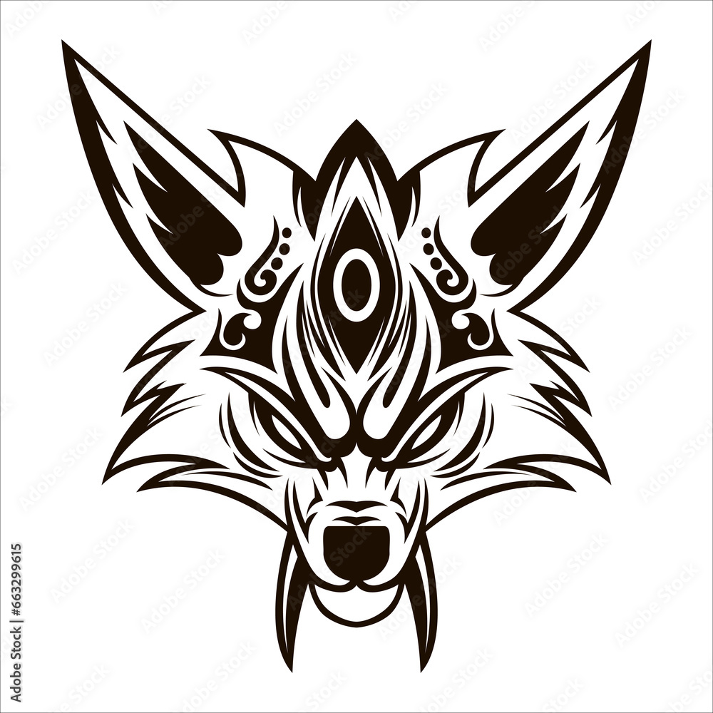 Fototapeta premium Kitsune Drawing Vector. Kitsune Wolf Head Black And White Drawing Vector illustration. Black and white illustration of a Japanese fox mask on a white background. Kitsune mask.