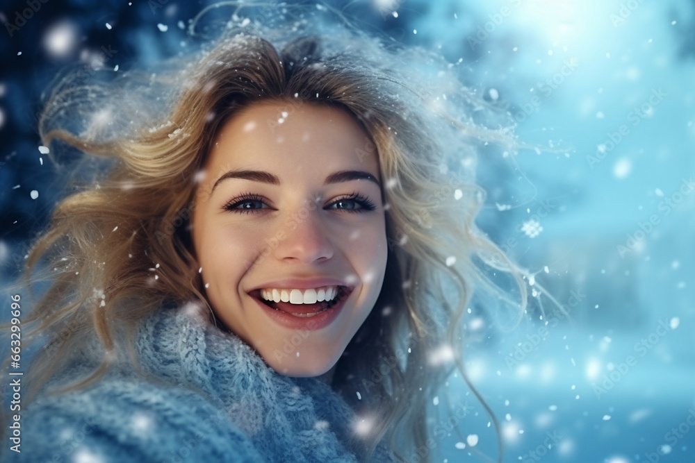 portrait of a smiling happy girl in snowy winter 