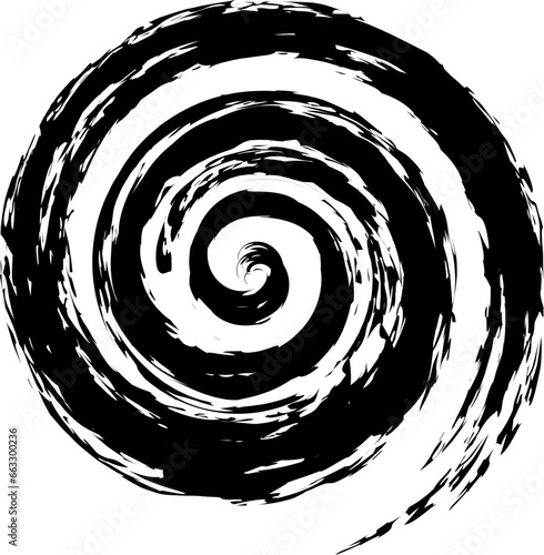 Isolated hand drawn black and white hypnotic circular spiral. Curve, rotating elelement. Vortex vector illustration, icon for branding. Decorative line art geometric object. Brush stroke.