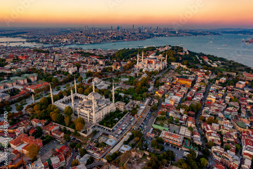 Aerial view of Blue Mosque, Hagia Sophia, Golden Horn and the Bosphorus, Istanbul, Turkey.
