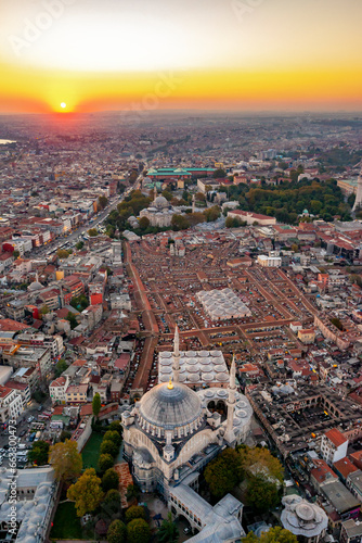 Aerial view of Nuruosmaniye Mosque and Grand Bazaar at sunset, Istanbul, Turkey. photo