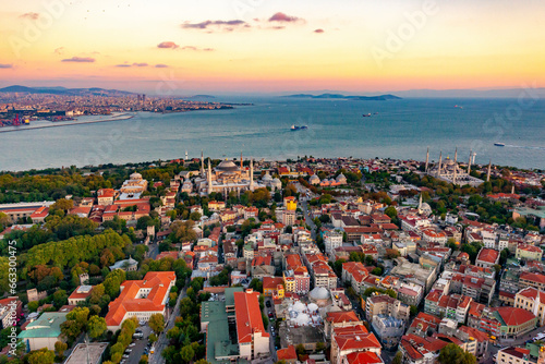Aerial view of Hagia Sophia, Blue Mosque and the Marmara Sea entrance to the Bosphorus, Istanbul, Turkey. photo