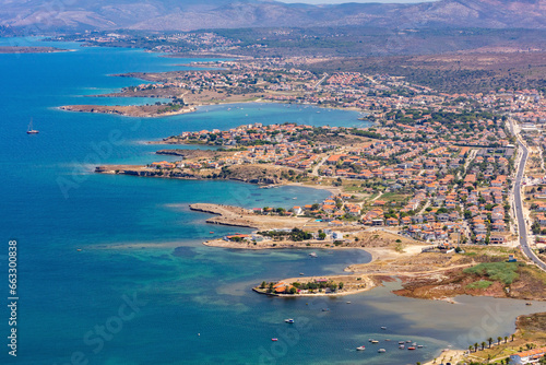 Aerial view of coastline in Sifne area of Cesme peninsula, Izmir, Turkey. photo
