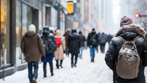 A group of people walking in the city during a snowfall.