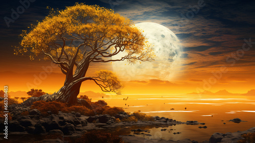 Yellow tree moon behind landscape