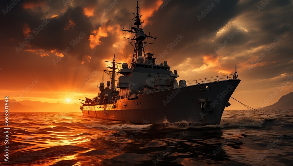 Warships patrol around the island at sunset