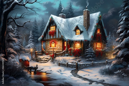 Winter night scene with a cottage decorated with candy canes and lollipops  illuminated by the moon and falling snow. Generative AI