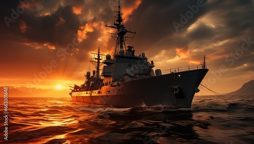 Warships patrol around the island at sunset