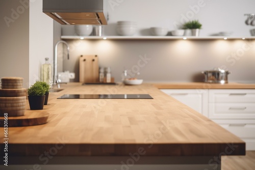 Contemporary kitchen with blurred background, wooden tabletop. Generative AI