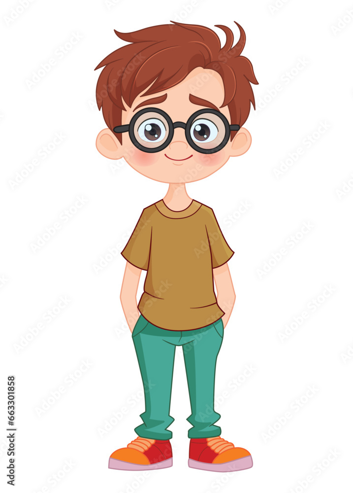 boy with glasses stands with his hands in his pockets