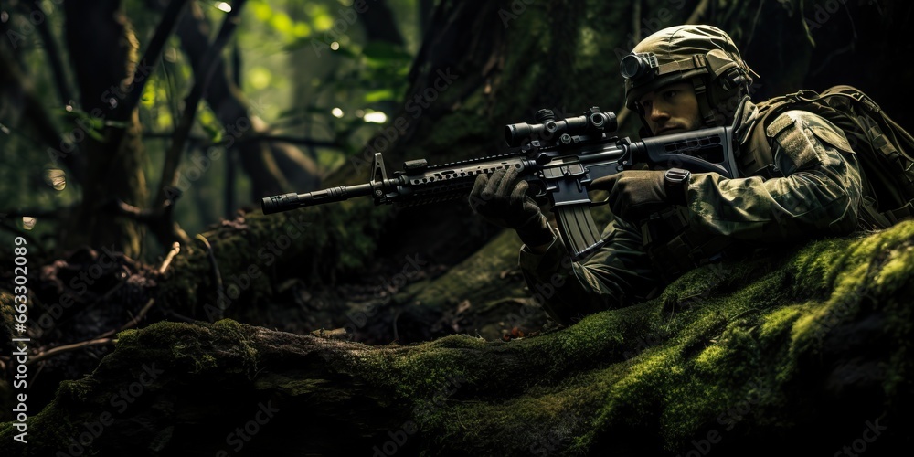 Army Special forces soldier with assault rifle in jungle.