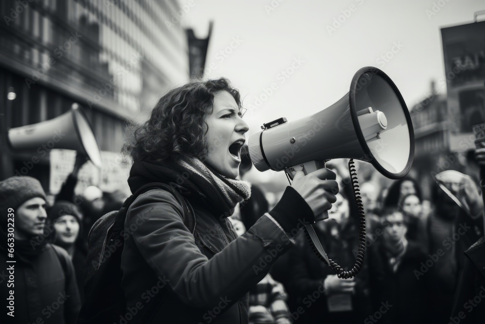 a woman shouting through megaphone on a workers environmental protest in a crowd in a big city. black and white documentary photo - obrazy, fototapety, plakaty 