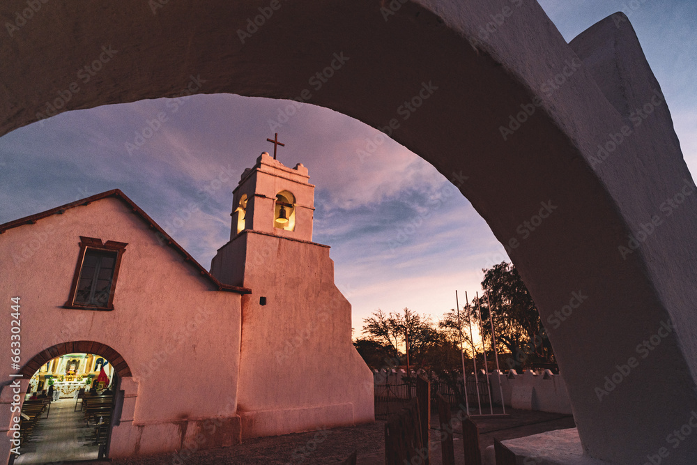 white church of san pedro de Atacama in the Atacama desert in Chile at sunset white church of san pedro de Atacama in the Atacama desert in Chile at sunset