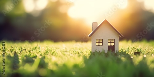 house model in the grass with lights, soft color combination style, sunlight shining in, far and deep, smooth surface, light orange and dark green. photo