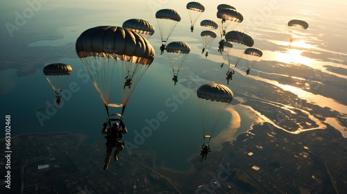 Paratrooper soldiers flying in the sky photo