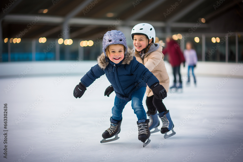 happy smiling children skiing in the ice rink