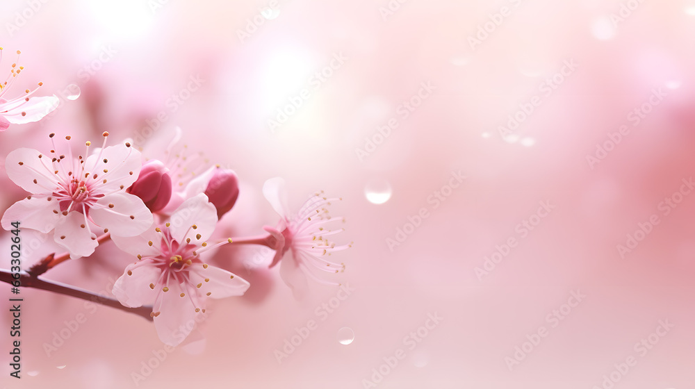 Delicate Cherry Blossoms with Dewdrops on a Soft Pink Background.