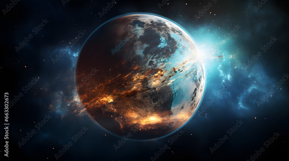 Dramatic Depiction of a Planet with Fiery and Icy Sides Amidst a Starry Cosmic Background.