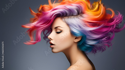 Multicolored Vibrant Hair Flowing Woman Profile Portrait