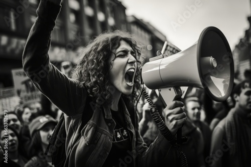 a woman shouting through megaphone on a workers environmental protest in a crowd in a big city. black and white documentary photo photo