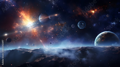 Cosmic Landscape Featuring Planets, Moons, and a Nebula Above a Rugged Terrain with Misty Valleys.