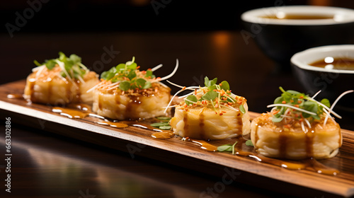 Asian Dumplings with Sauce and Fresh Greens on Wooden Board
