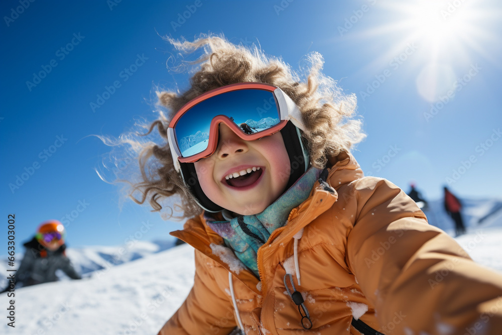 portrait of young snowboarder, happy child in winter