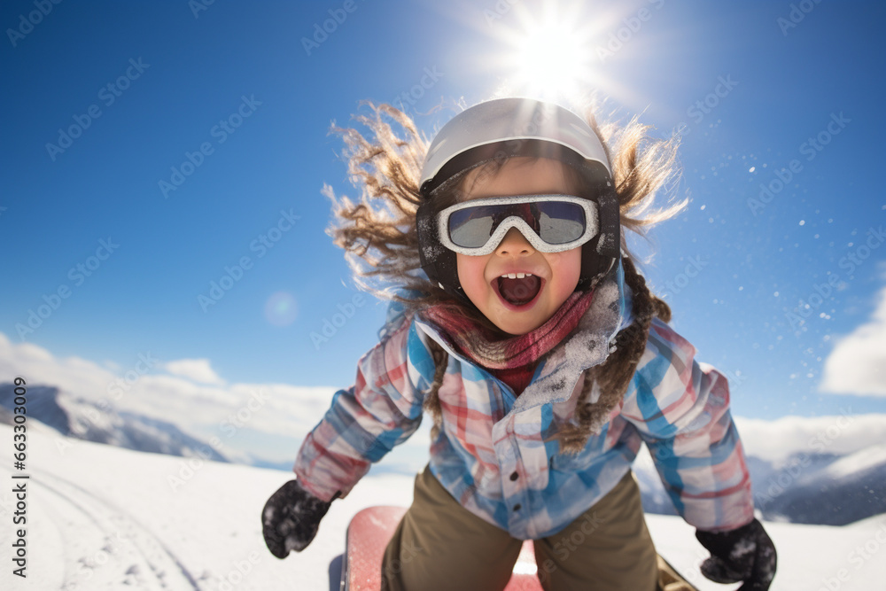 portrait of young snowboarder, happy child 