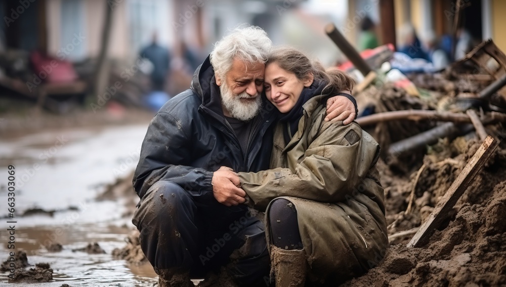 Homeless senior couple sitting on the muddy ground and hugging each other