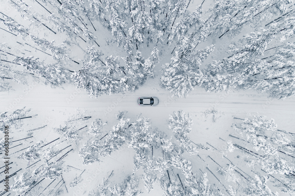 Aerial view of a car on cold winterday driving in a snowy pine forest, Lahemaa National Park, Harjumaa, Estonia. Aerial view of a car on cold winterday driving in a snowy pine forest, Lahemaa National Park, Harjumaa, Estonia.