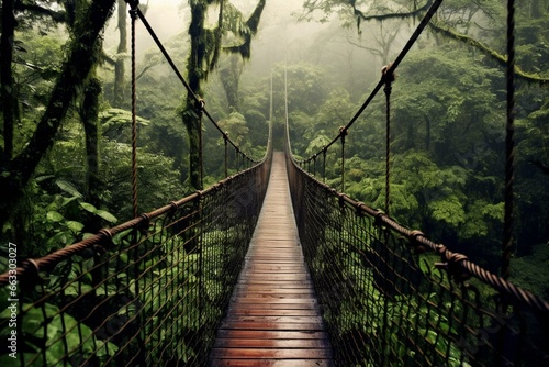 A picturesque hanging bridge in a lush rainforest amidst clouds and dense forest in Costa Rica. Generative AI