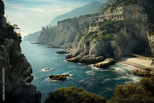 Coastline with cliffs, Italy. Generative AI