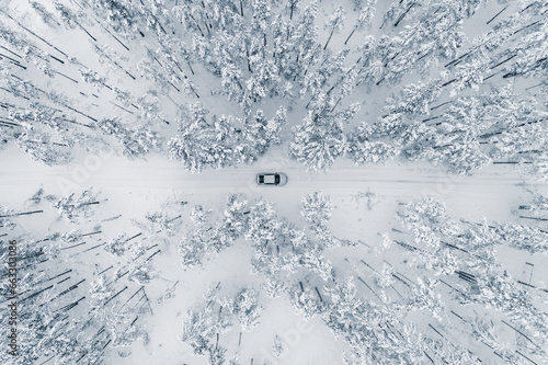 Aerial view of a car on cold winterday driving in a snowy pine forest, Lahemaa National Park, Harjumaa, Estonia. photo