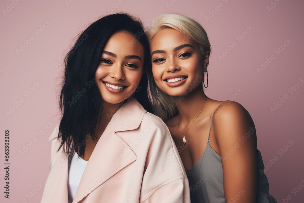 Two diverse happy women smiling together in a studio environment. Female couple or best friends Two diverse happy women smiling together in a studio environment. Female couple or best friends