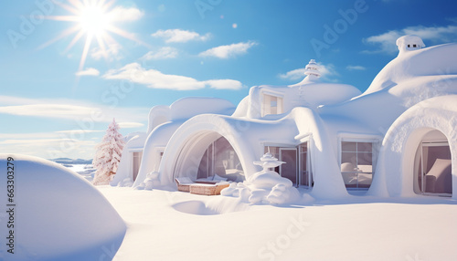 landscape with snow covered house