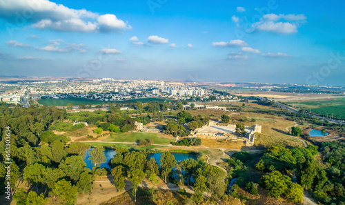 Aerial view of Tel Afek national park, Antipatris, Israel. photo