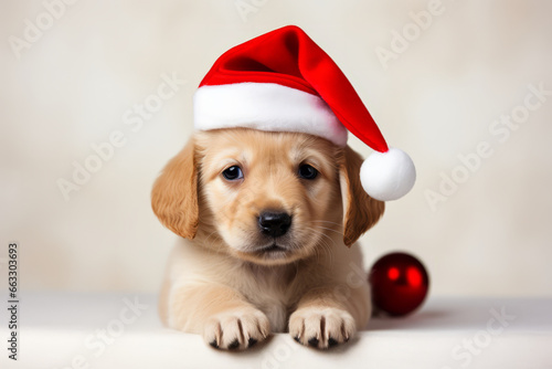 Cute little festive puppy dog wearing a Father Christmas santa hat