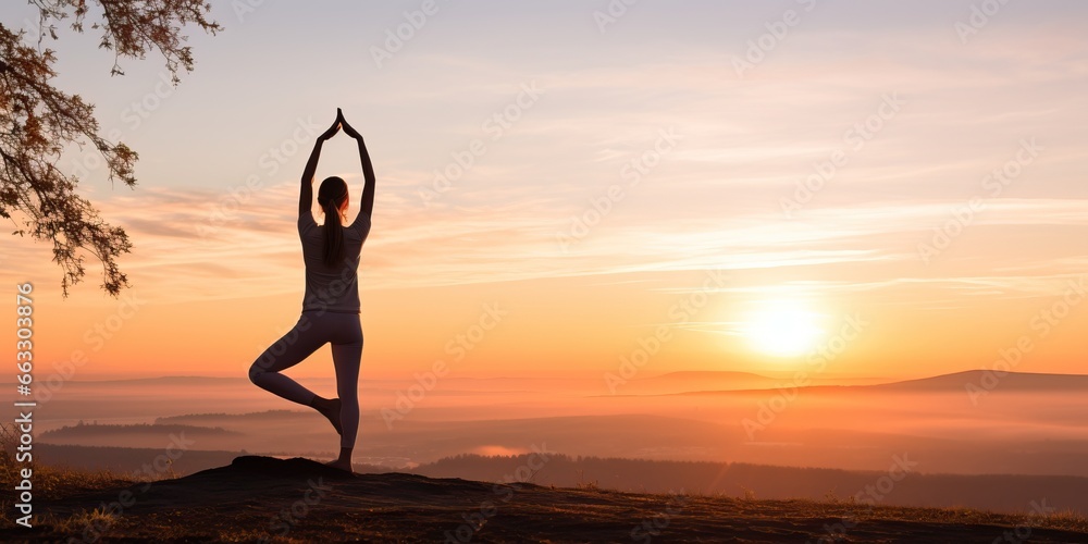 Silhouette of woman practicing yoga on top of mountain at sunrise