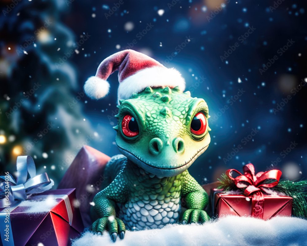 Christmas background with cute green dragon in santa hat and gift boxes Christmas background with cute green dragon in santa hat and gift boxes