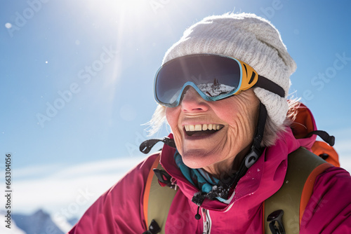 happy granny skiing in the mountains